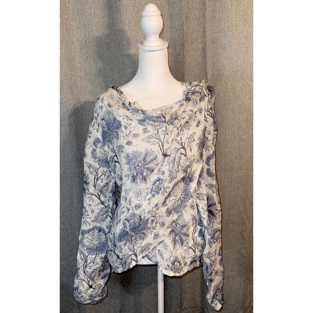 FLAX Linen Wrap Top Women Size Medium Blue Floral Long Sleeve Boho Coastal